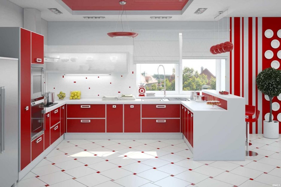 Интерьер кухни в красных квадратиках