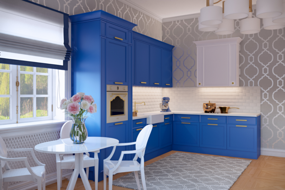 Синие обои в интерьере кухни (33 фото)