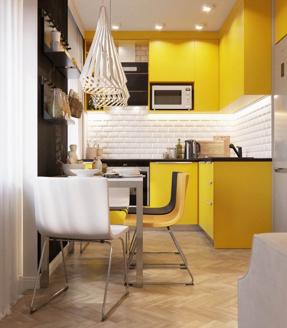 Белая кухня с желтыми стульями (35 фото)