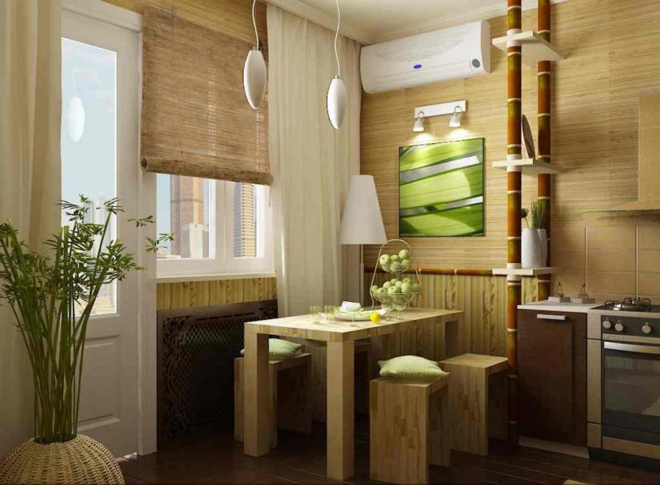 Вставки из бамбуковых обоев на стене в кухне