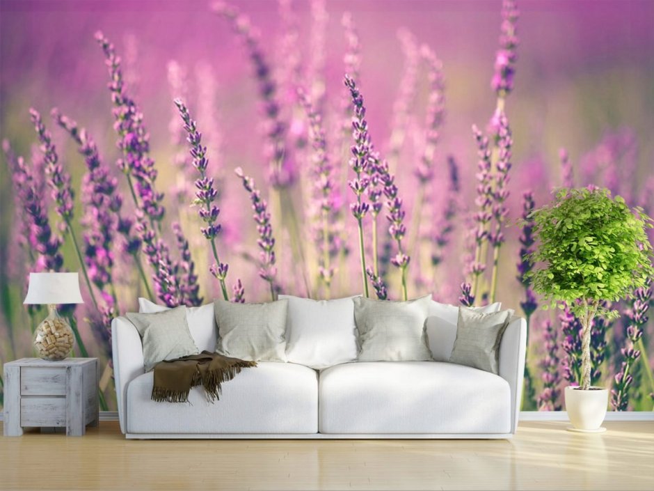 Фотообои фиолетовые цветы в интерьере