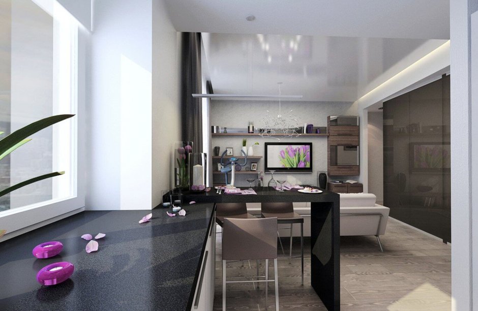 Небольшая кухня совмещенная с гостиной