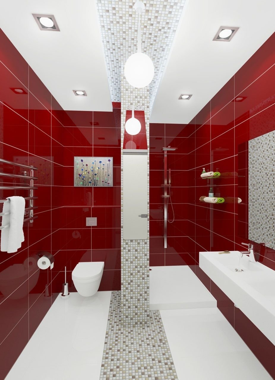 красная плитка в ванной дизайн