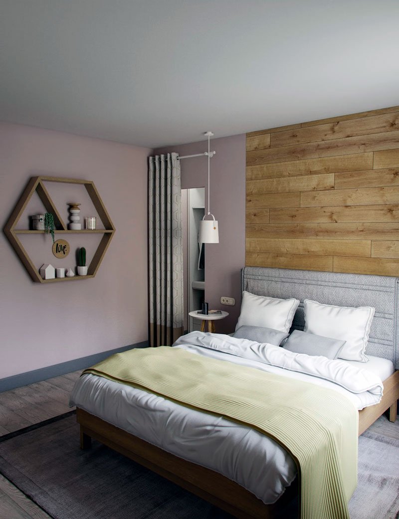Спальня с деревянным изголовьем