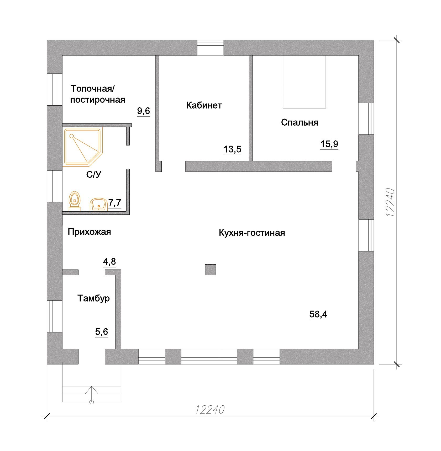 План дома 8 на 8 одноэтажный с 2 спальнями и кухней-гостиной и котельной