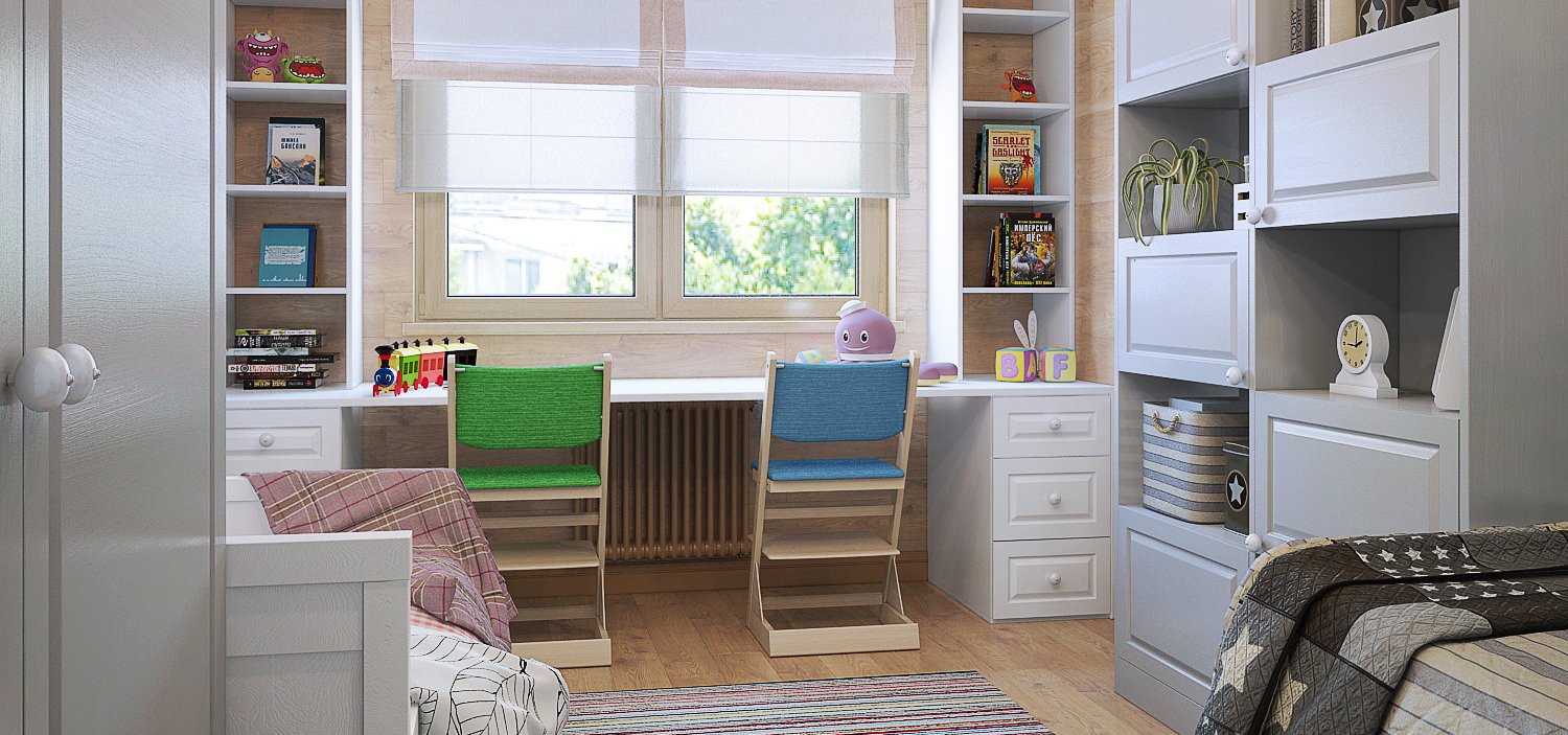 Шкафы и стол вокруг окна для детской