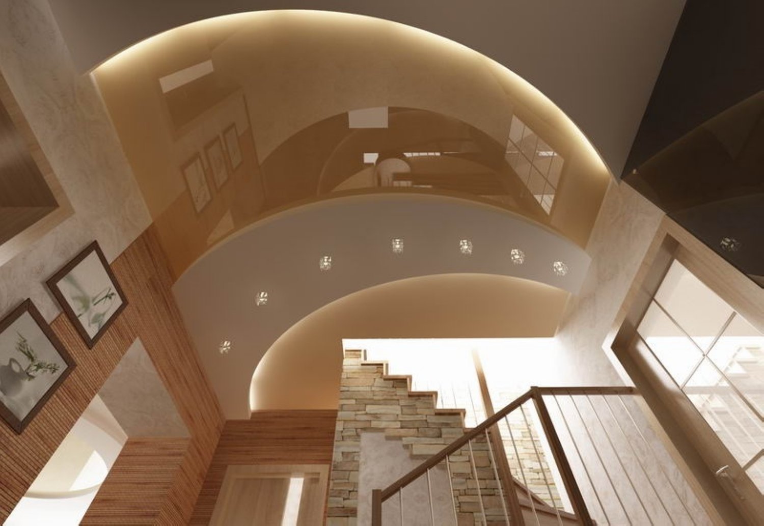 Потолок на лестнице в частном доме из гипсокартона