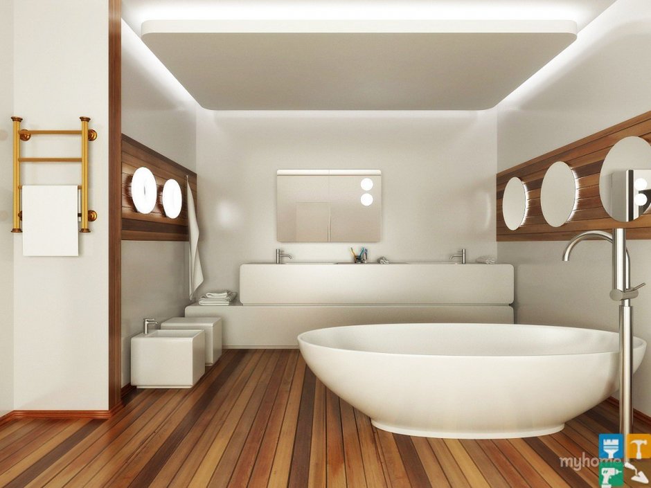 Ванная с деревянным полом в современном стиле