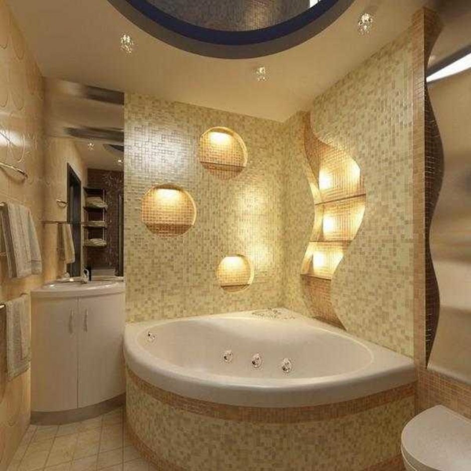 Угловая ванна с подсветкой в мозайке