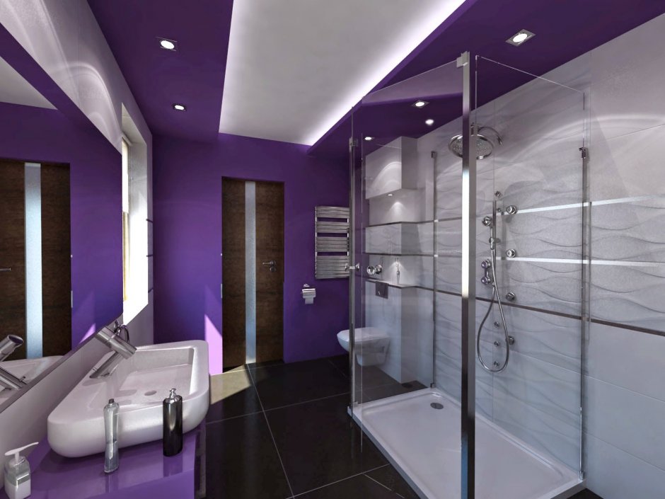 Фиолетовый потолок в ванной