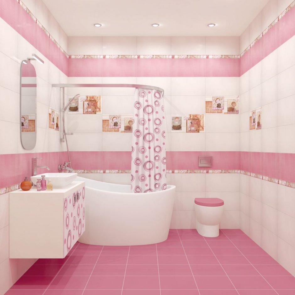 Розовый кафель в ванной