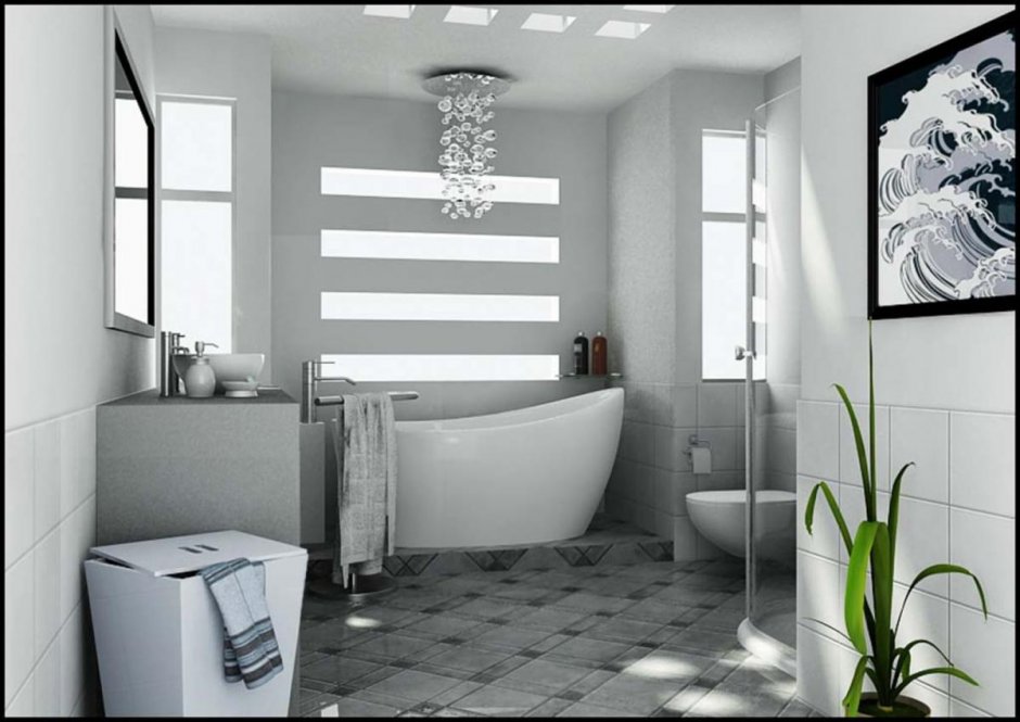 Интерьер ванной комнаты серый с белым
