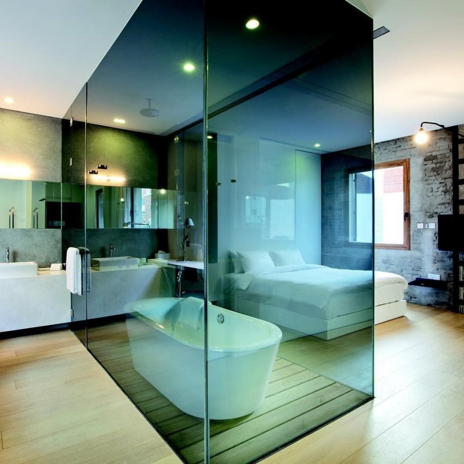 Стеклянная стена в ванной (35 фото)
