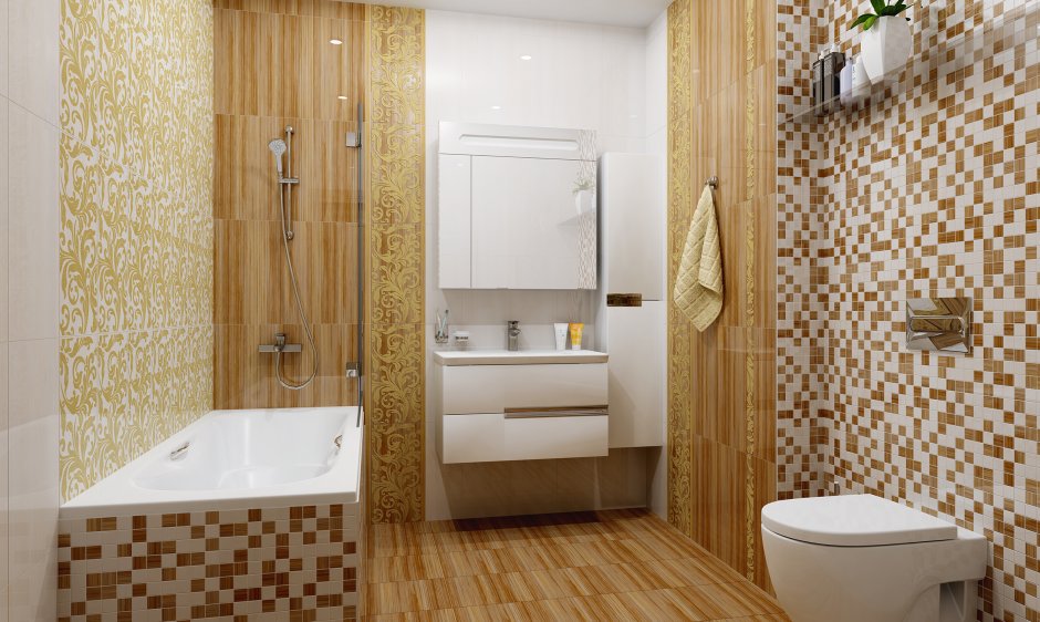 Сочетание плитки и мозаики в ванной (34 фото)