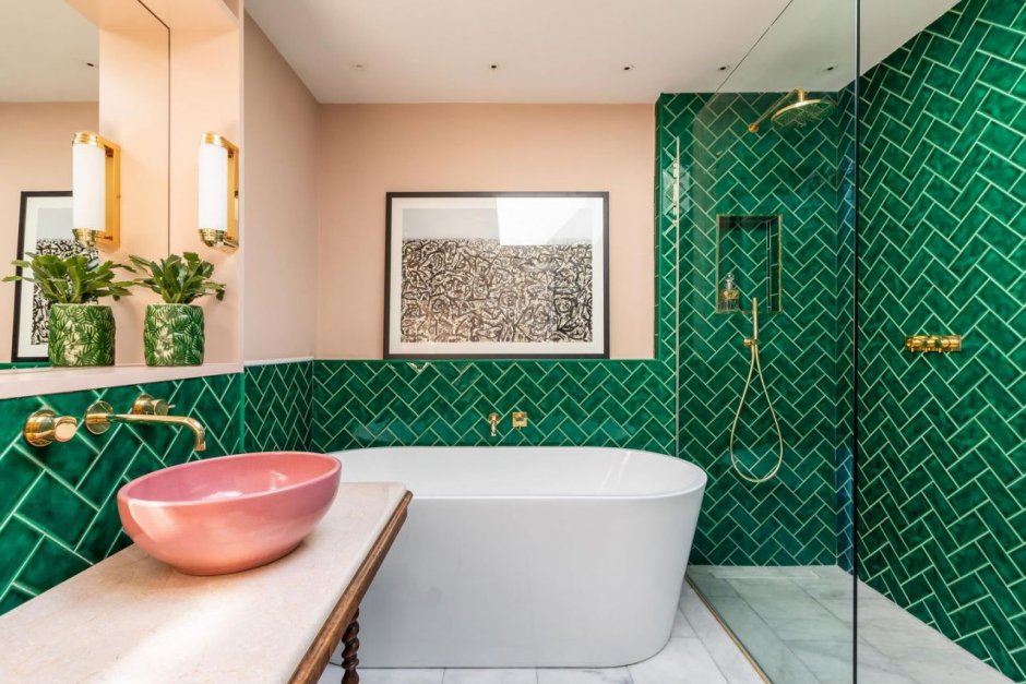 Плитка Соланж зеленая в интерьере ванна