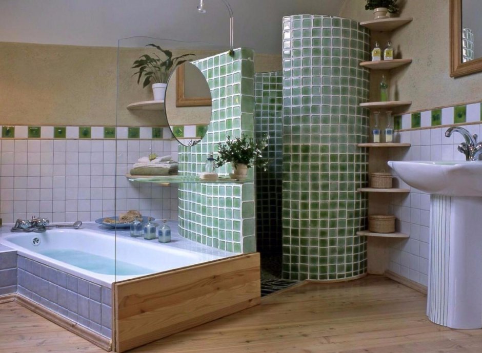 Зеленая мозаика в интерьере ванной комнат