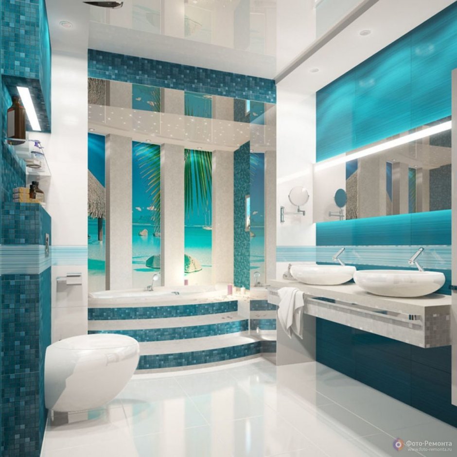 Интерьеры ванных комнат в современном стиле с ванной бирюзовый