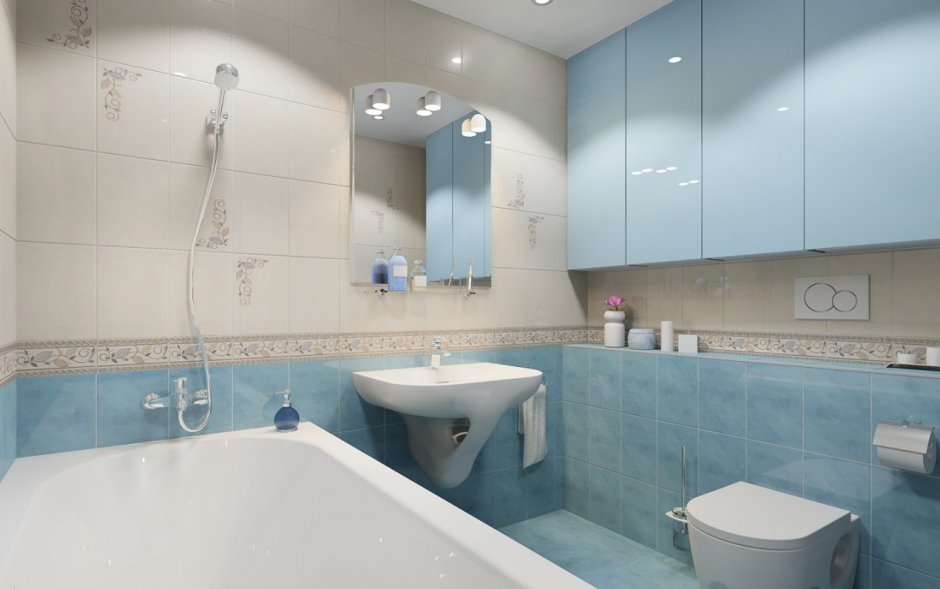 Бежевая и голубая плитка в ванной