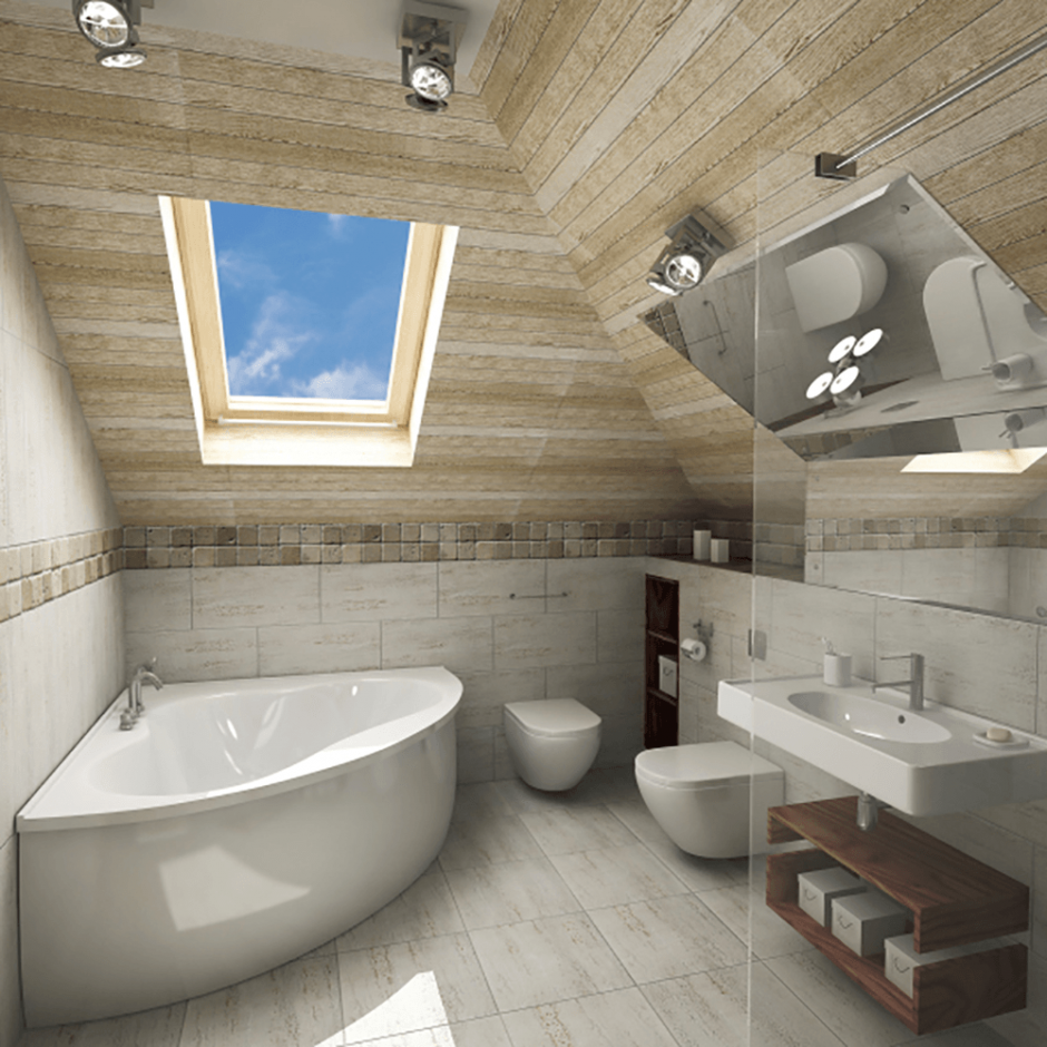 Мансардный потолок в ванной (33 фото)