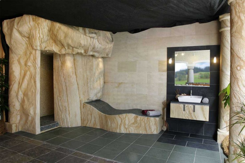 Гибкий камень в интерьере ванной (33 фото)