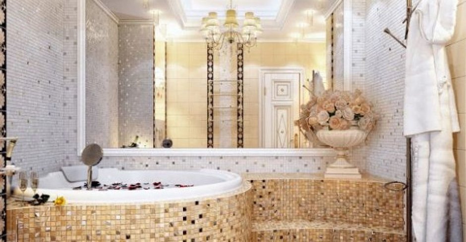Стильный светлый интерьер ванной мозаика