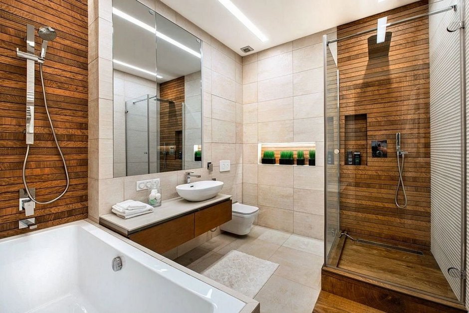 Ванная комната с душевой кабиной с деревом