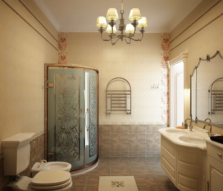 Ванная комната с душевой и ванной в классическом стиле