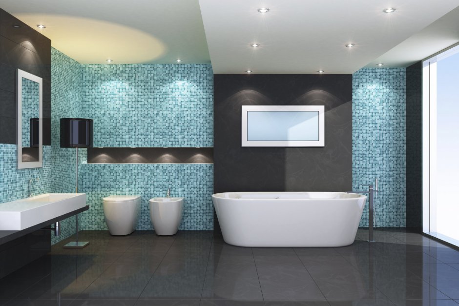 Ванная комната дизайн голубой и коричневый мозаика