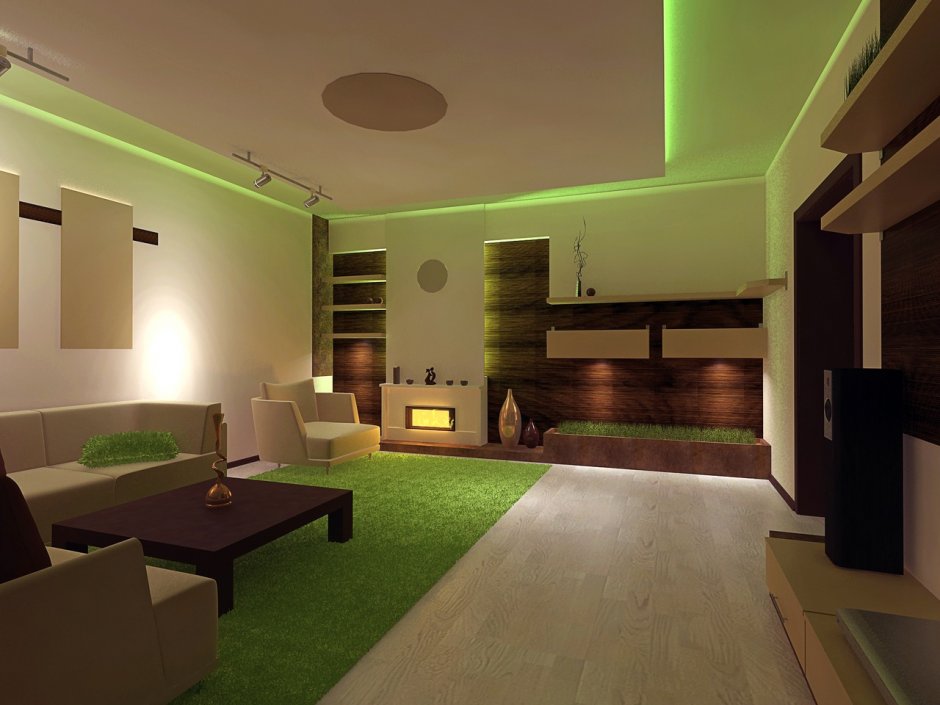 Интерьер зеленой гостиной в частном доме