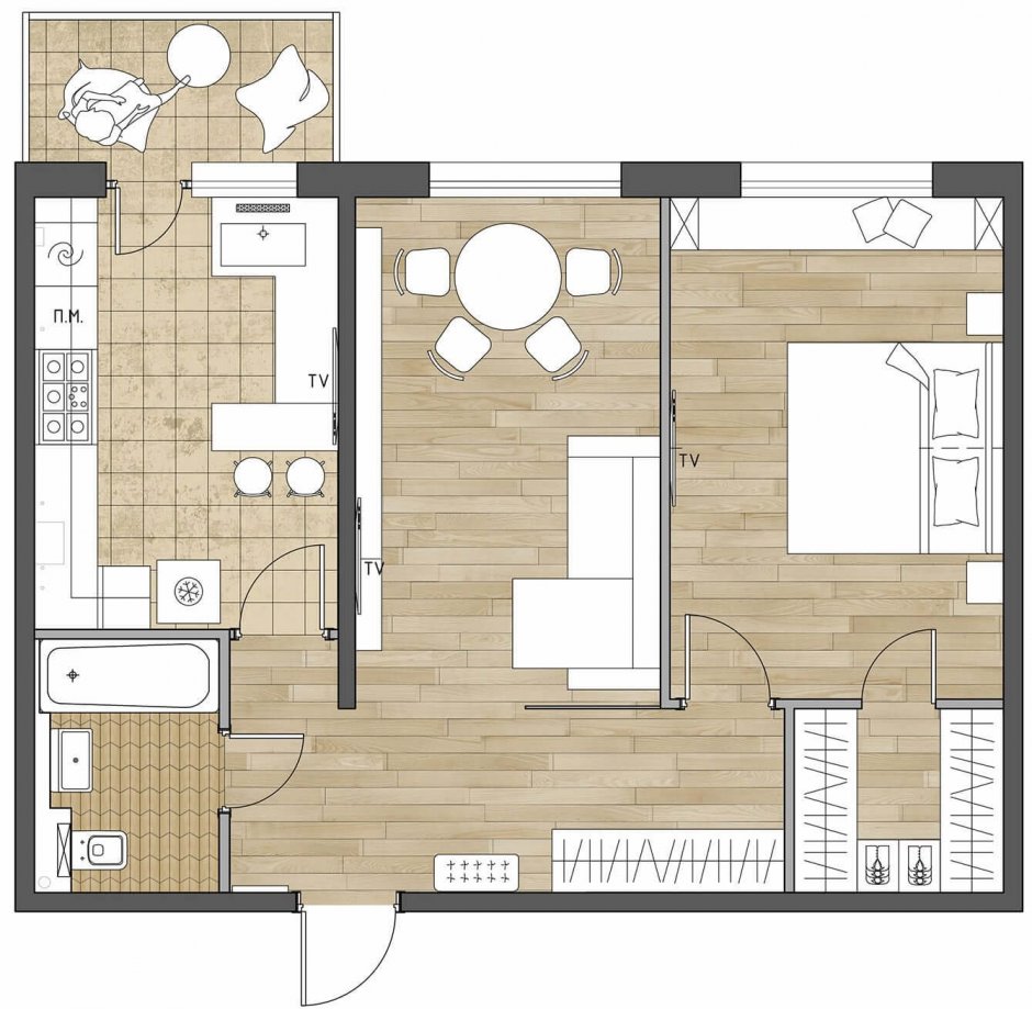 Дизайн проект двухкомнатной квартиры 56 кв м