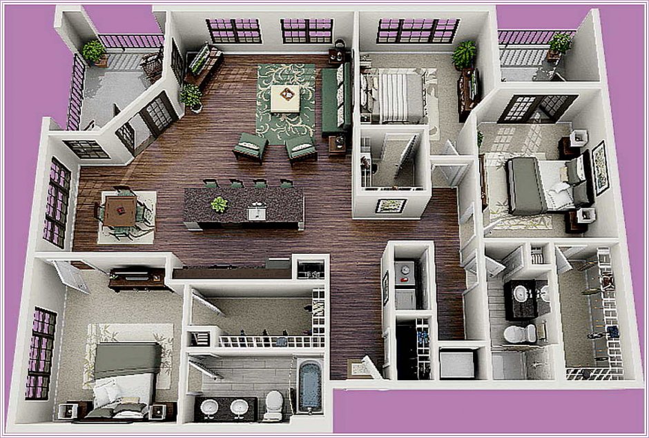 Планировка четырехкомнатной квартиры 3d