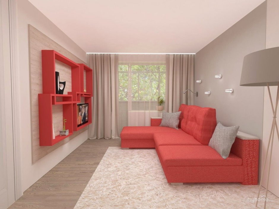 Красный диван в интерьере маленькой комнаты
