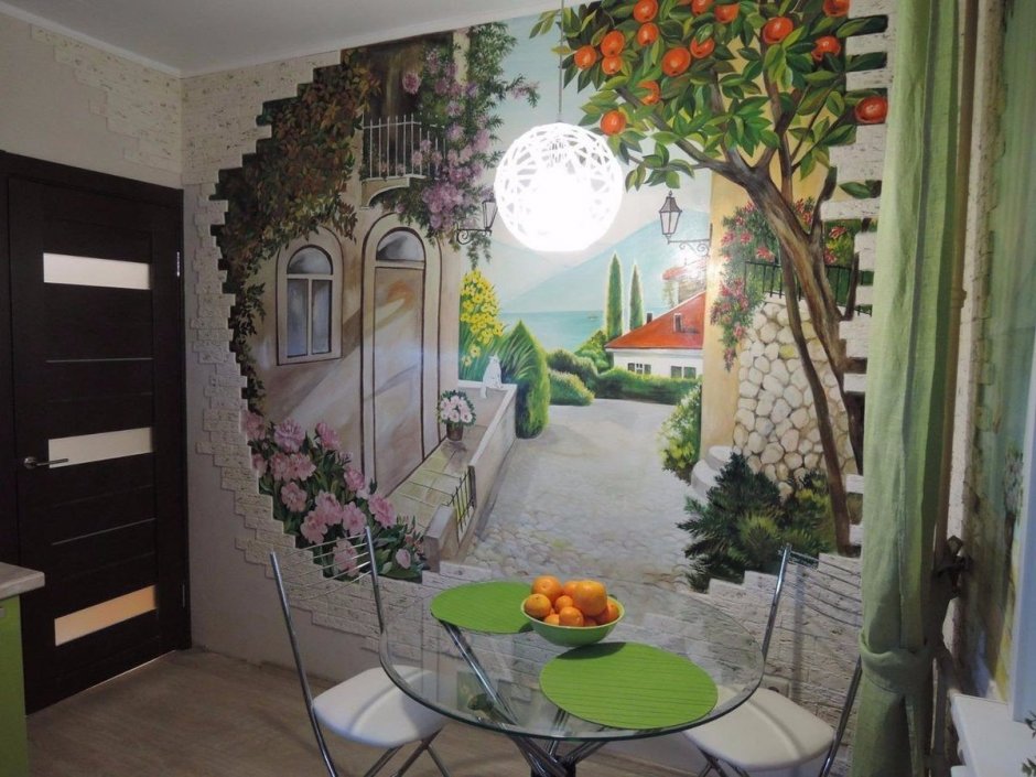 Фотообои фрески в интерьере кухни