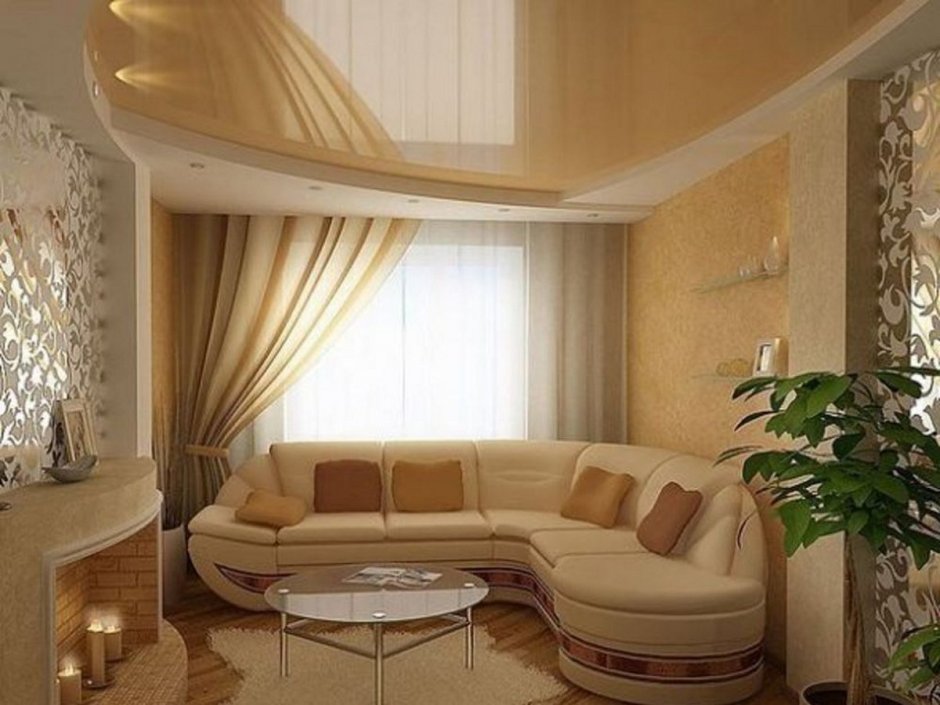 Интерьер гостиной с уговым дивано