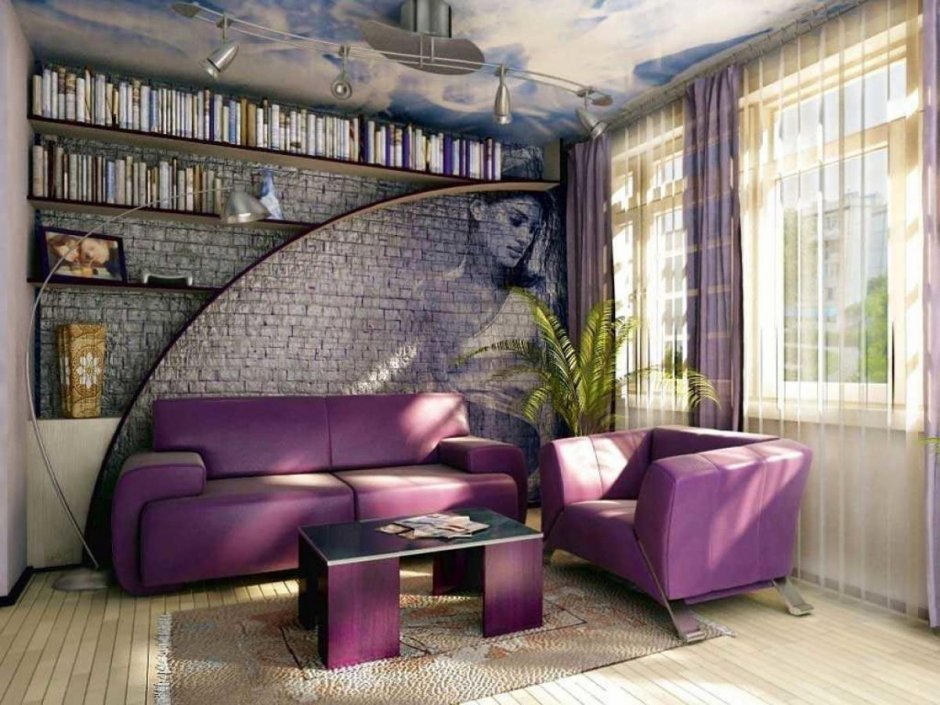 Гостиная с фиолетовым диваном