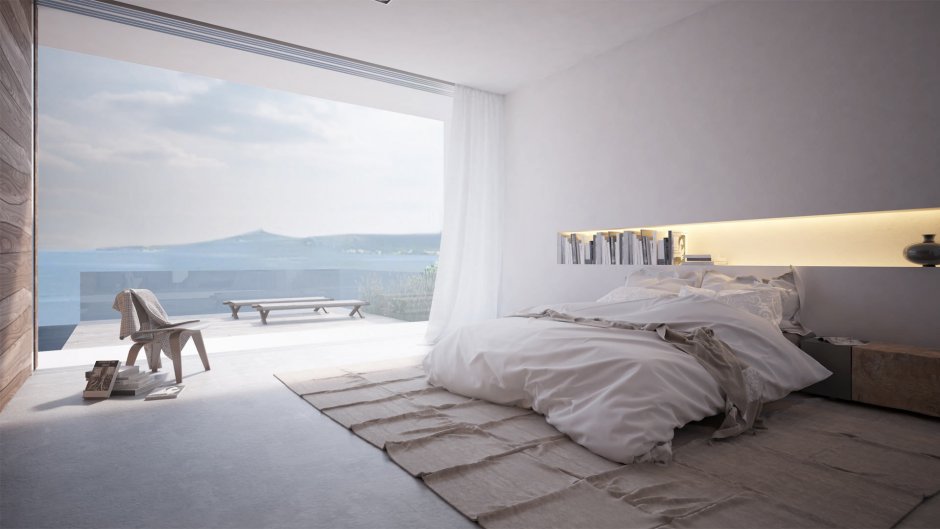Спальня в минимализме с панорамными окнами