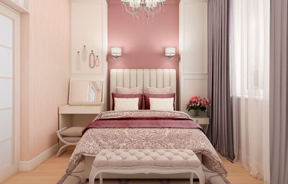 Интерьер спальни в хрущевке в розовых тонах