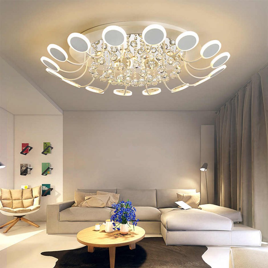 светодиодные люстры в интерьере гостиной реальные фото