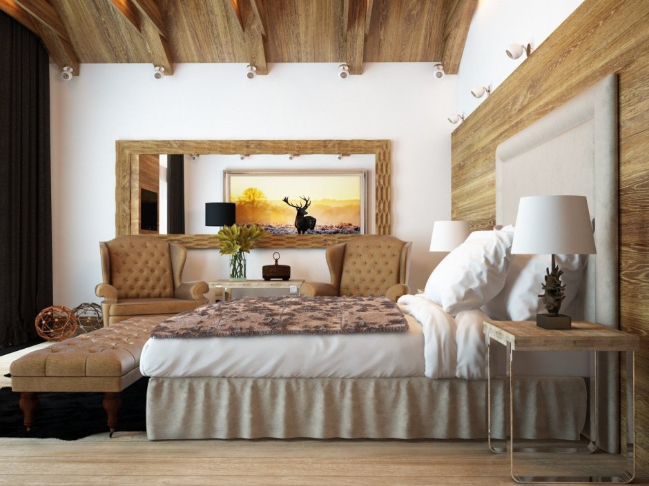 Интерьер спальни в деревянном доме (65 фото)