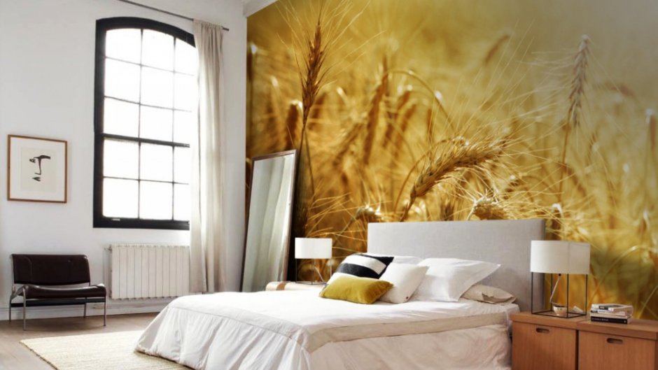 Фреска в интерьере спальни в современном стиле