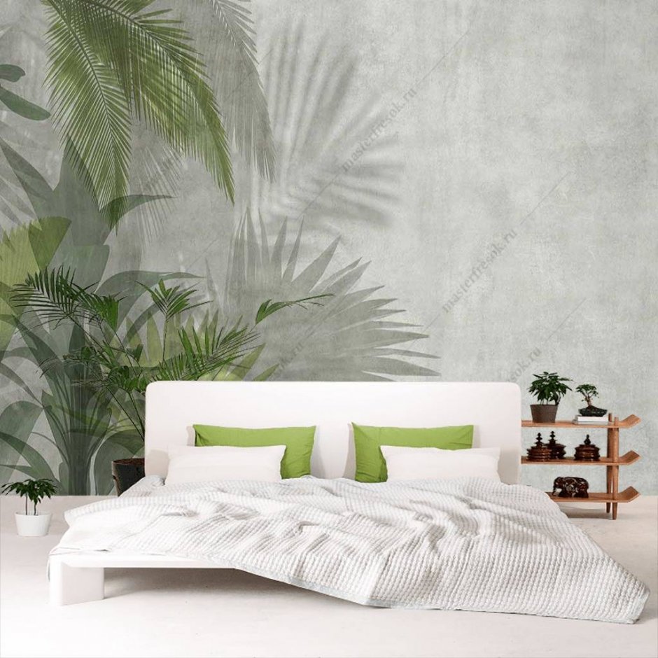 обои с листьями пальмы в интерьере спальни