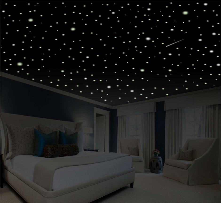 Натяжной потолок звездное небо в спальне (34 фото)