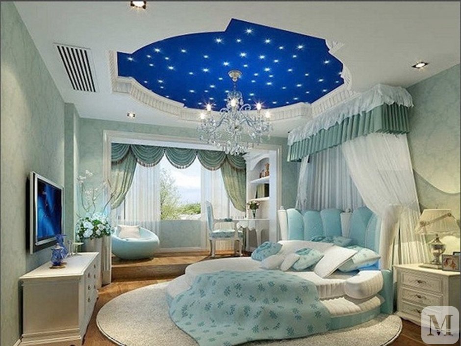 Комната для подростков с голубым потолком