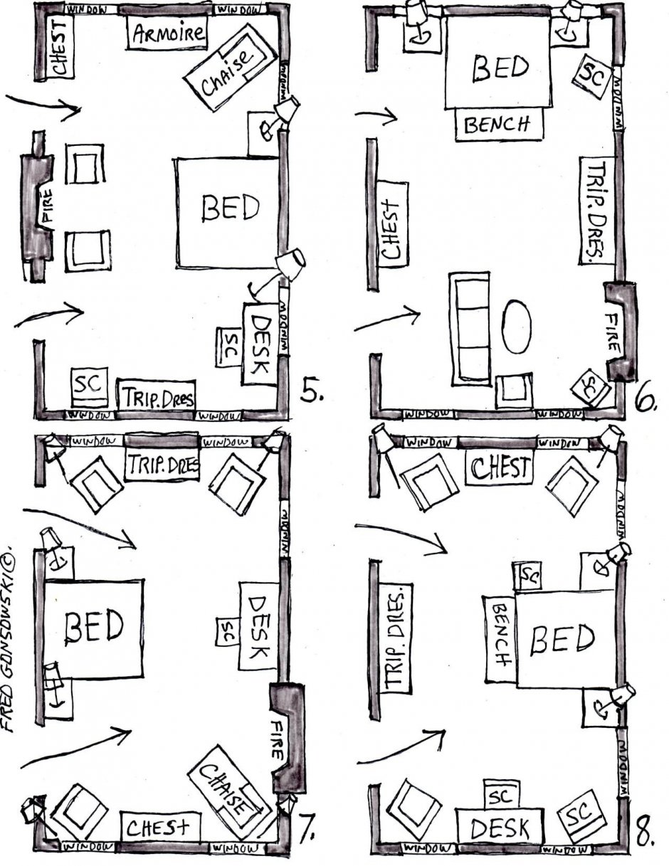Схема расстановки мебели в спальной