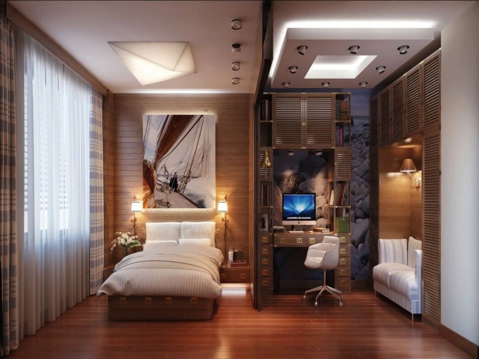Интерьер спальни и кабинета в одной комнате