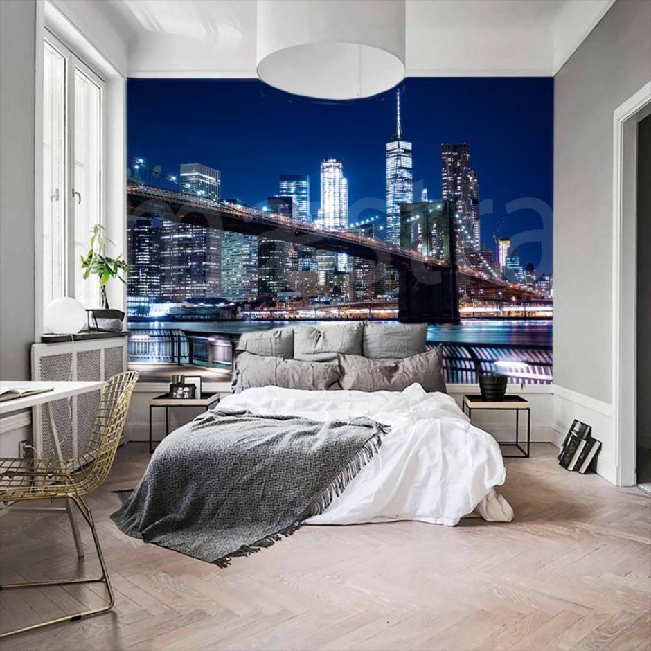Фотообои Бруклинский мост в спальне