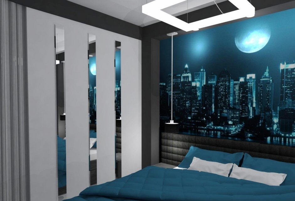 Фотообои ночной город в интерьере спальни