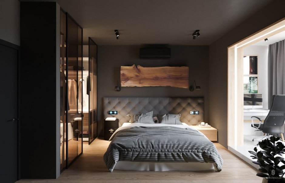 Спальня с гардеробной комнатой за кроватью
