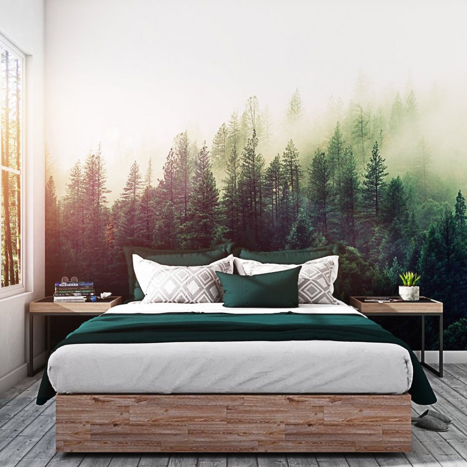 Спальня с лесом на стене