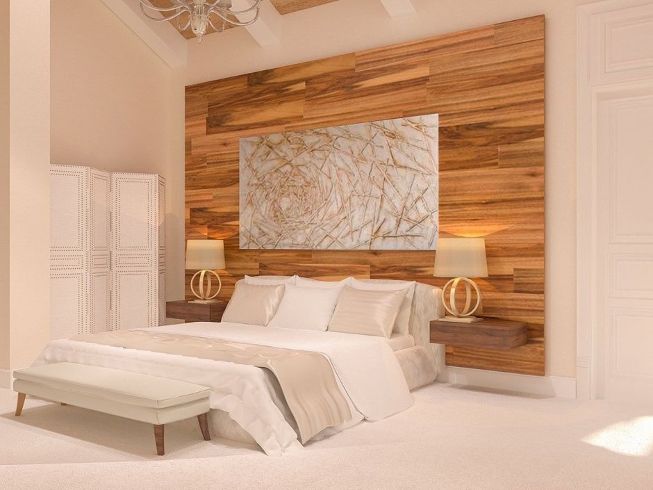 Деревянные панели на стену в спальне